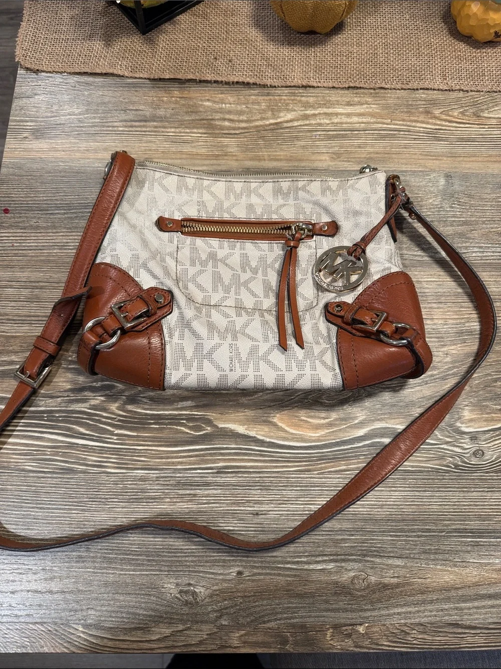 Michael Kors Vanilla Signature Canvas Crossbody with Brown Leather Trim